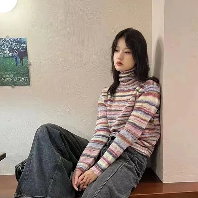 MEXZT Y2K Striped Sweater Women Harajuku Turtleneck Knit Pullovers Korean Patchwork Knitwears Vintage O Neck Slim Jumpers Tops