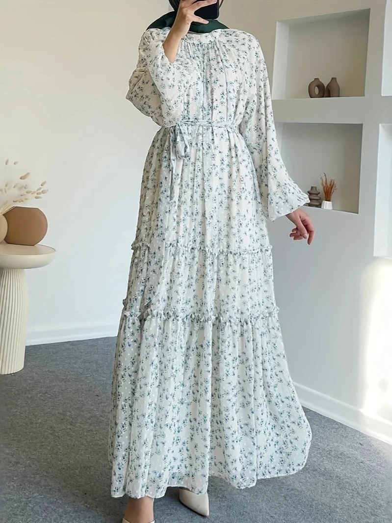 Eid vestido feminino chiffon impressão abaya festa jalabiya ramadan muçulmano vestidos longos vestidos largos árabe longo robe marrocos kaftan