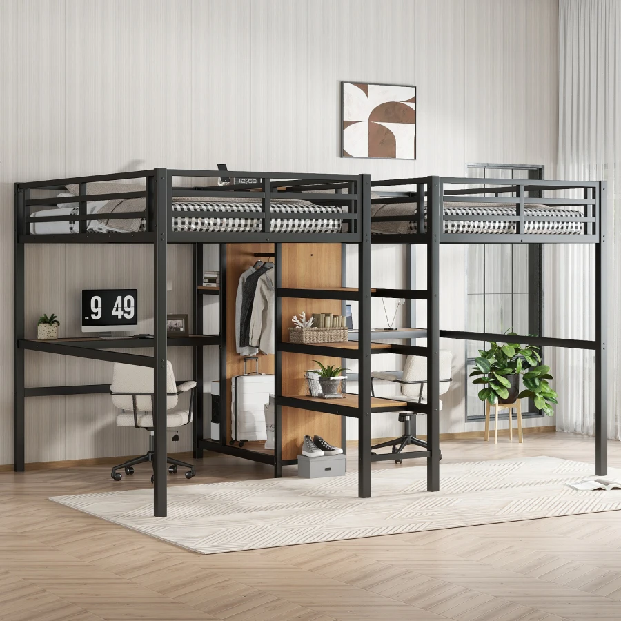 Twin Over Twin Metal Loft Bed with Double Desk and Wardrobe and Shelves with Electrical Outlet for Space Saving and Noise Reduc