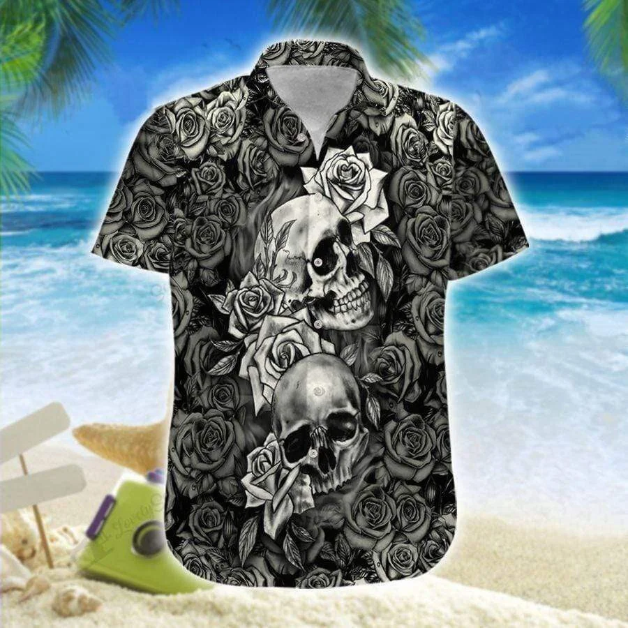 

Hot Sale Hawaiian Men's Shirts Rose Skull Paniting Top Plus Size for Men Cool Emo Summer Beach Shorts Sleeve Top