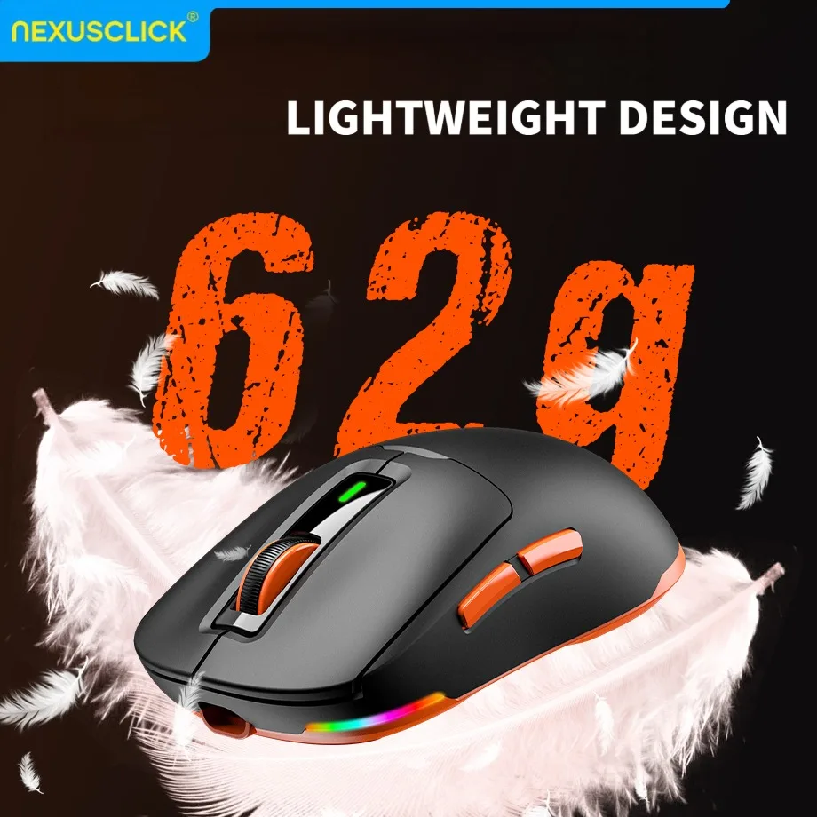 NexusClick GW24 Tri-Mode Wireless E-sports Mouse,62g Lightweight PAW3104 8000DPI RGB Backlight Magnetic Charging Gaming Mice