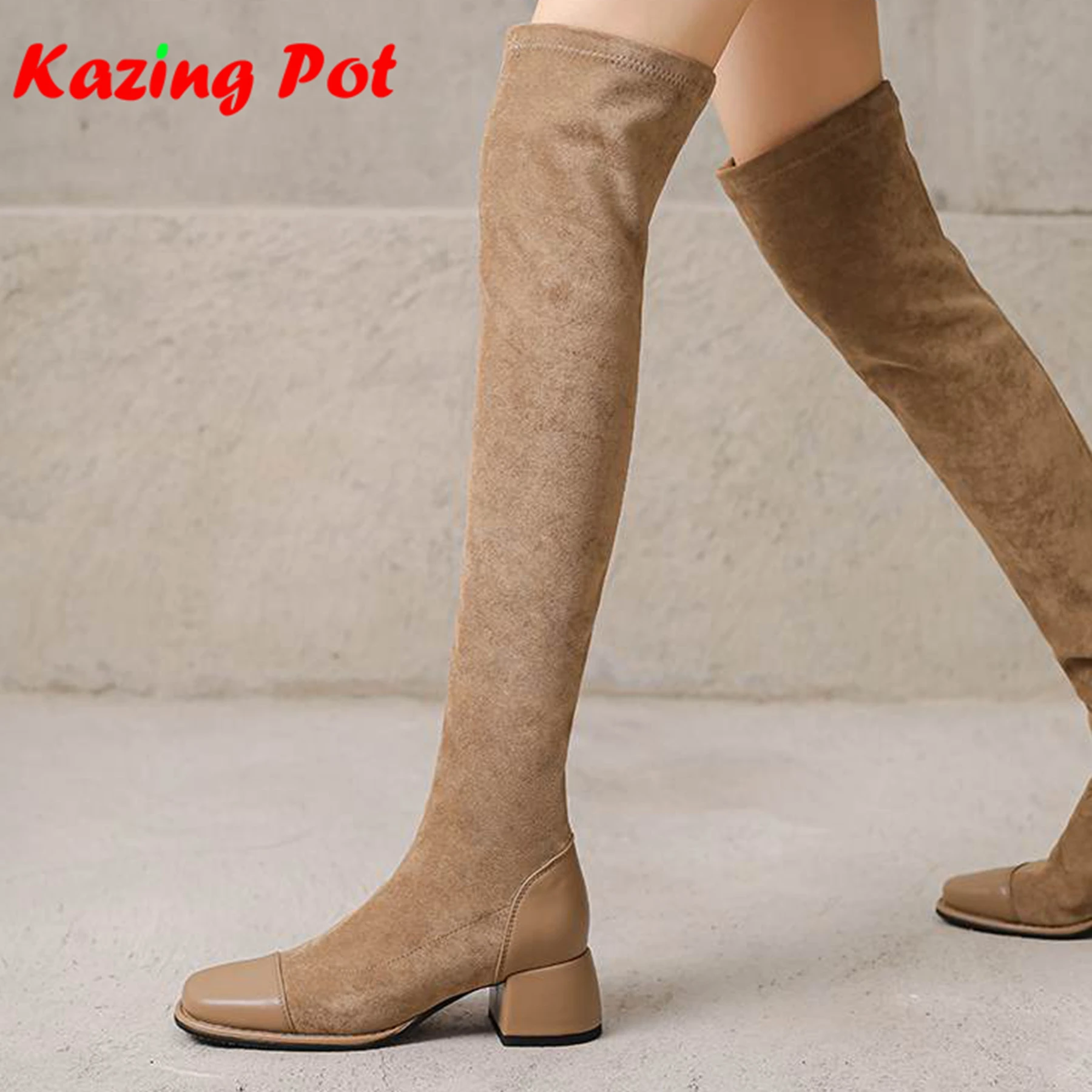 

Krazing Pot Microfiber Flock High Heels Square Toe Stretch Long Boots Slip On Black Apricot Elegant Modern Over-the-knee Boots