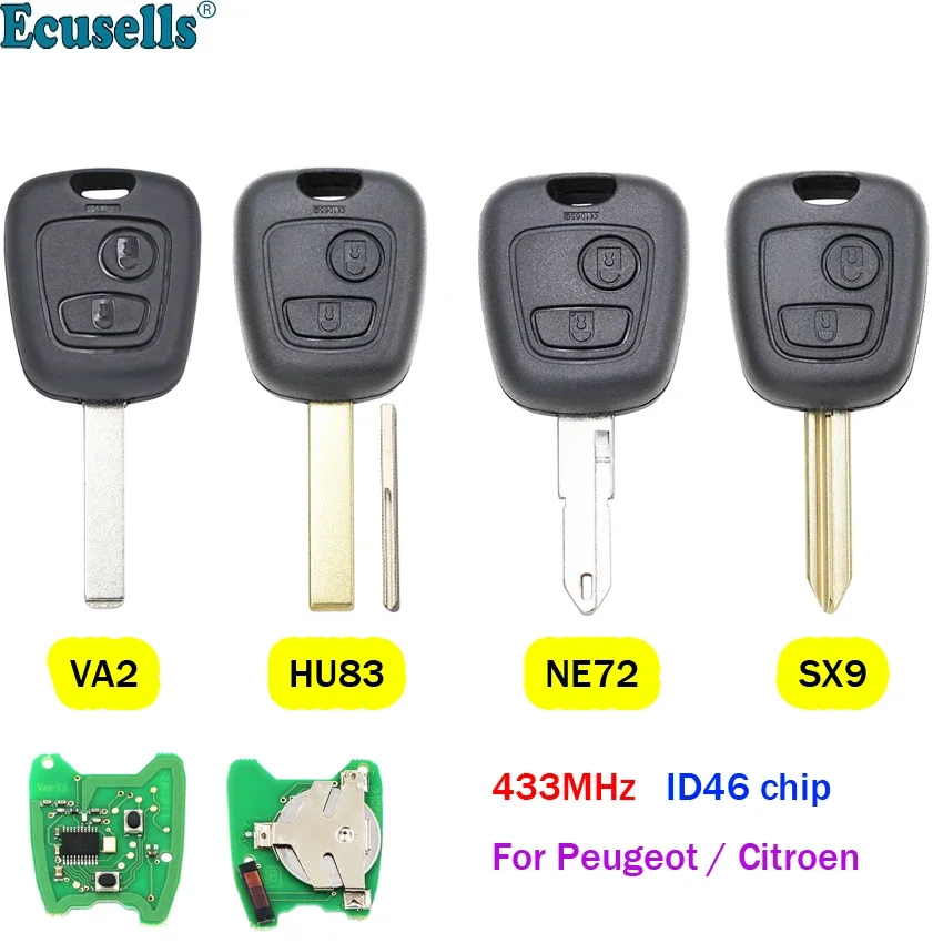 2 Buttons Remote Key 433MHz ID46 Chip for Peugeot 106 206 207 306 307 Citroen C2 C3 C4 Xsara Picasso Berlingo VA2/HU83/NE72/SX9