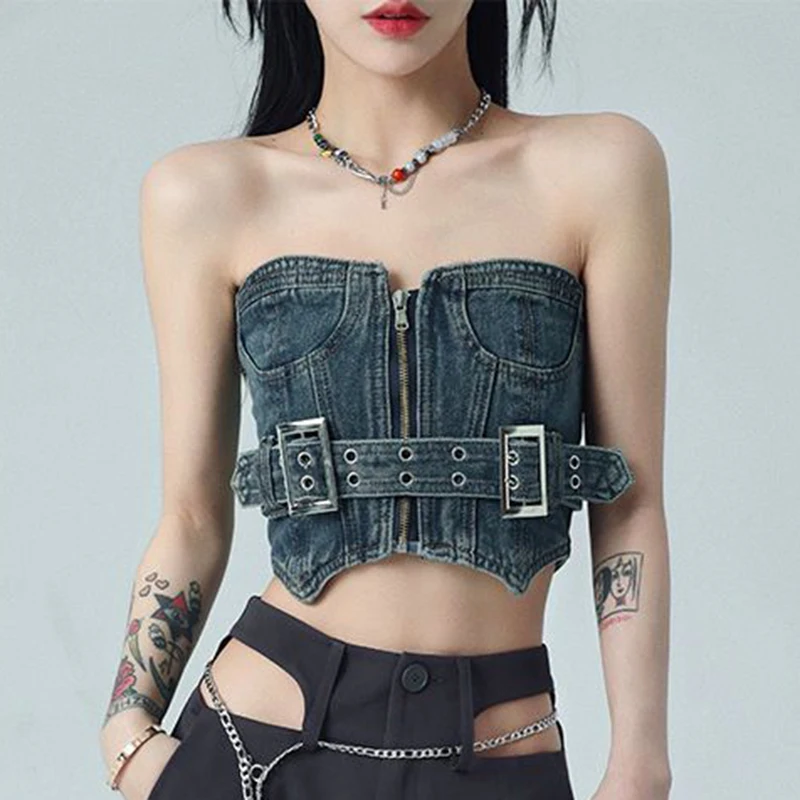 Retro girl star belt double breasted hollow out punk belt ins trend  womens cute  sexy Denim Cotton Casual corset top