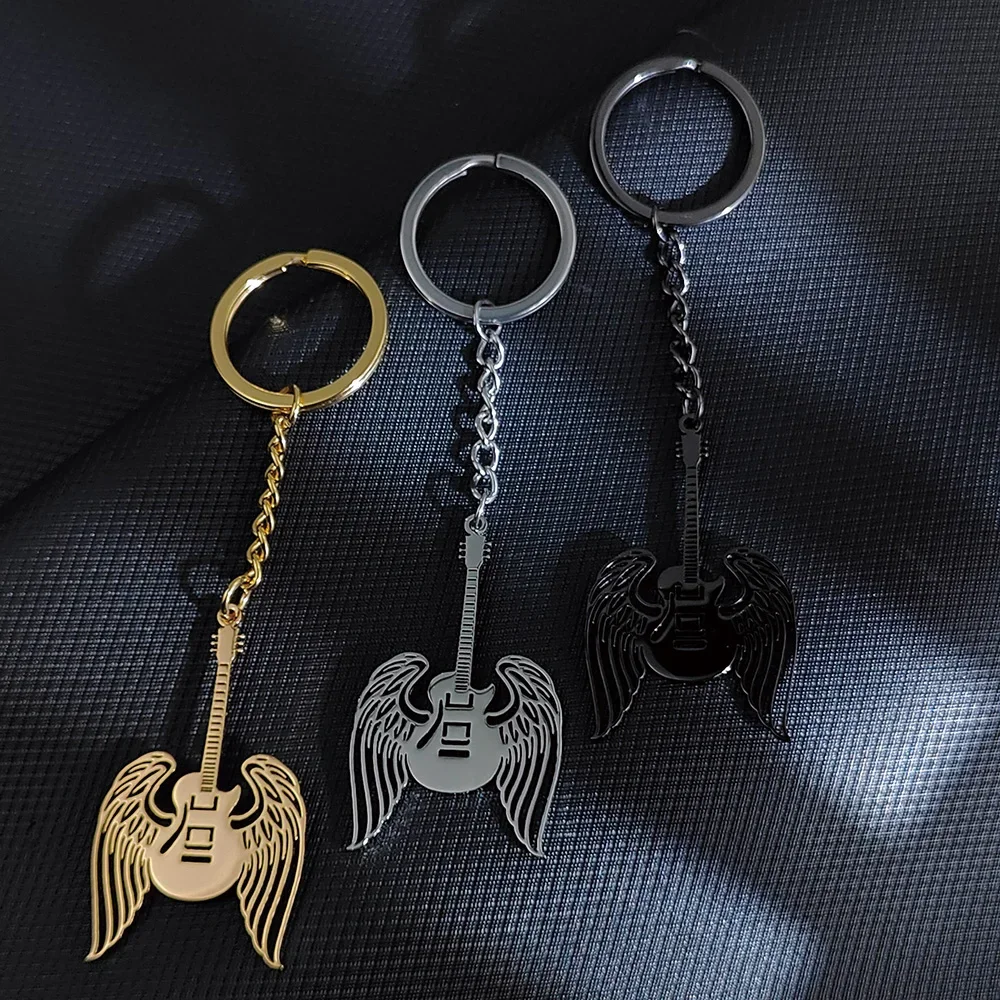 Hip Hop Rock electric guitar charms Keychain Women Mens Stainless Steel Jewelry car Key Chains electronic music festival gifts