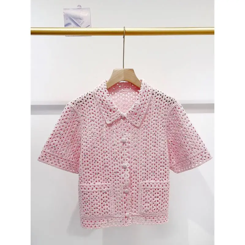 Summer Women Crochet Hollow Out Matching Set Short Sleeve Lapel Coat Square Collar Sling Long Dress Elegant Daily Dress Suit