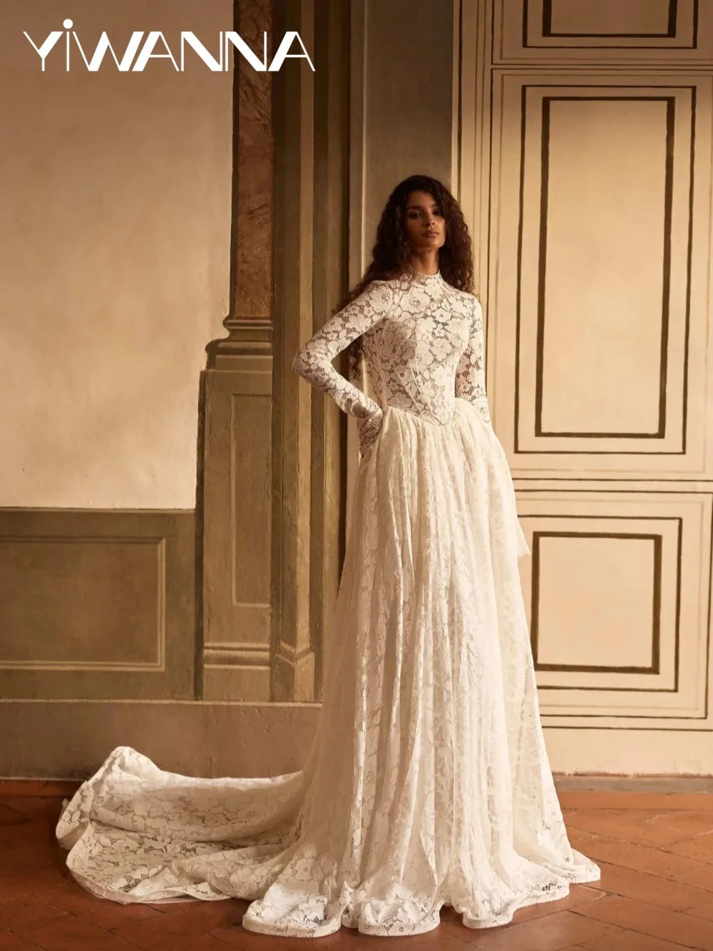 New Arrival Elegant Lace Wedding Dress Modest High Collar Long Sleeve Bridal Gown Customized Dreamy Dresses For Bride