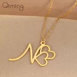 Stainless Steel A-Z Love Heart Pendant Name Initials Necklace Letters Chain Wedding Necklace Best Gift