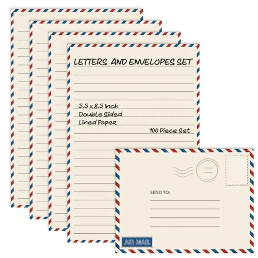 

Vintage Airmail Mini Stationery Set, 100 Piece Set 50 Lined Sheets + 50 Matching Envelopes,5.5 x 8.25 inch, Design, Double Side
