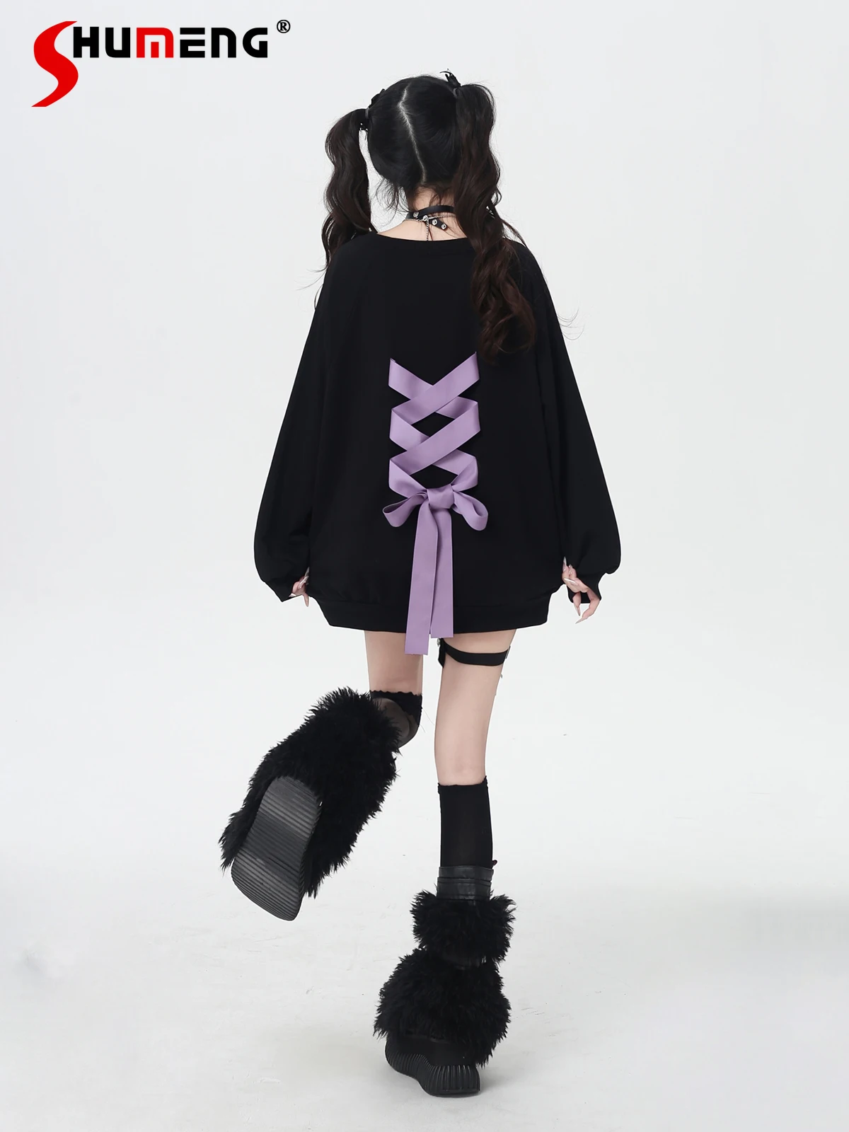 

Модный милый крутой девушка на шнуровке с бантом сзади, круглый вырез, длинный рукав, свободный повседневный универсальный пуловер, женские осенние рубашки