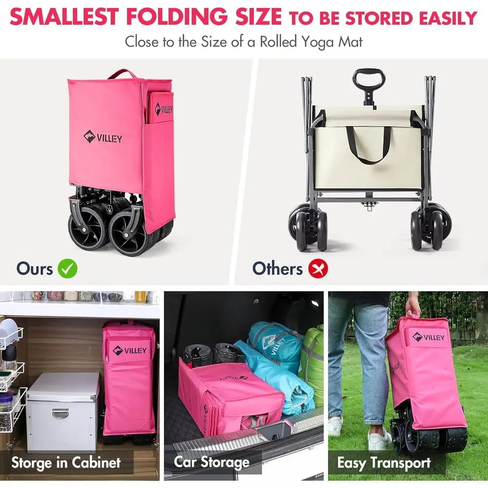 全地形対応ヘビーデューティ折りたたみワゴン、大型ホイール付き、耐荷重225ポンド、ポータブルガーデンカート、ピンク、カップホルダー付きユーティリティカート