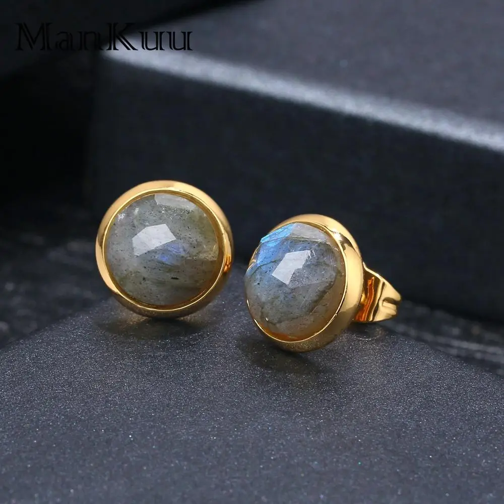 Mankuu Custom Gold Plated Electronic Coating Color Retention Process Natural Stone Labradorite Gemstone Earrings Studs Women