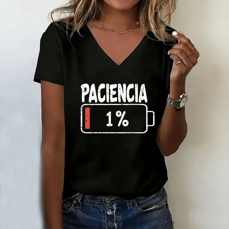 Breathable T-shirt V Neck Casual Fashion Low Battery Printed T Shirts Women Short Sleeve Tee Shirt V-Neck Summer Spring