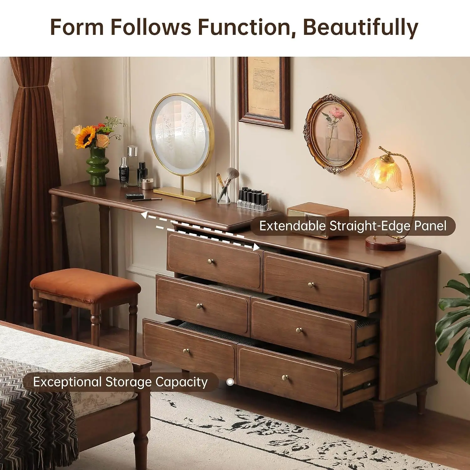 Large Vanity Desk with 6 Storage Dresser, North America Black Walnut Wood Adjustale Makeup Table for Girls, Vanity Set for Bedro