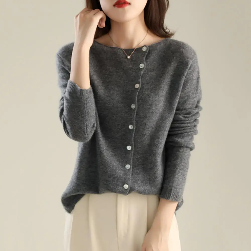 Pull à Manches sulfet Col Rond pour Femme, Vêtement Extensible à Simple Boutonnage, Couleur Unie