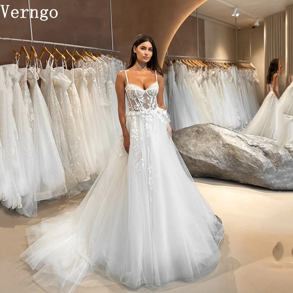 

Verngo Sequined Tulle Wedding Dress Spaghetti Straps A Line Bridal Gowns Women Boho Sweep Train Bride Dresses Customized