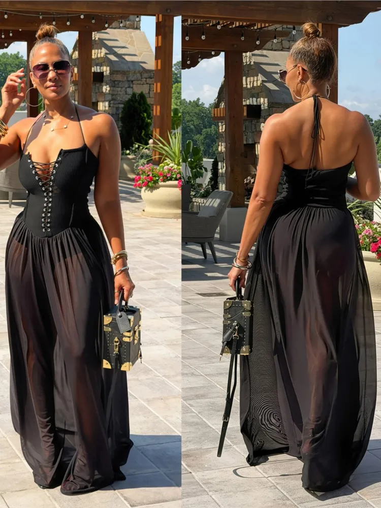 One Piece Summer Cover Ups Women Swimsuit Sleeveless Robes Bathing Suit New Beach Holiday Solid Irregular Maxi Dresses Cover-Up