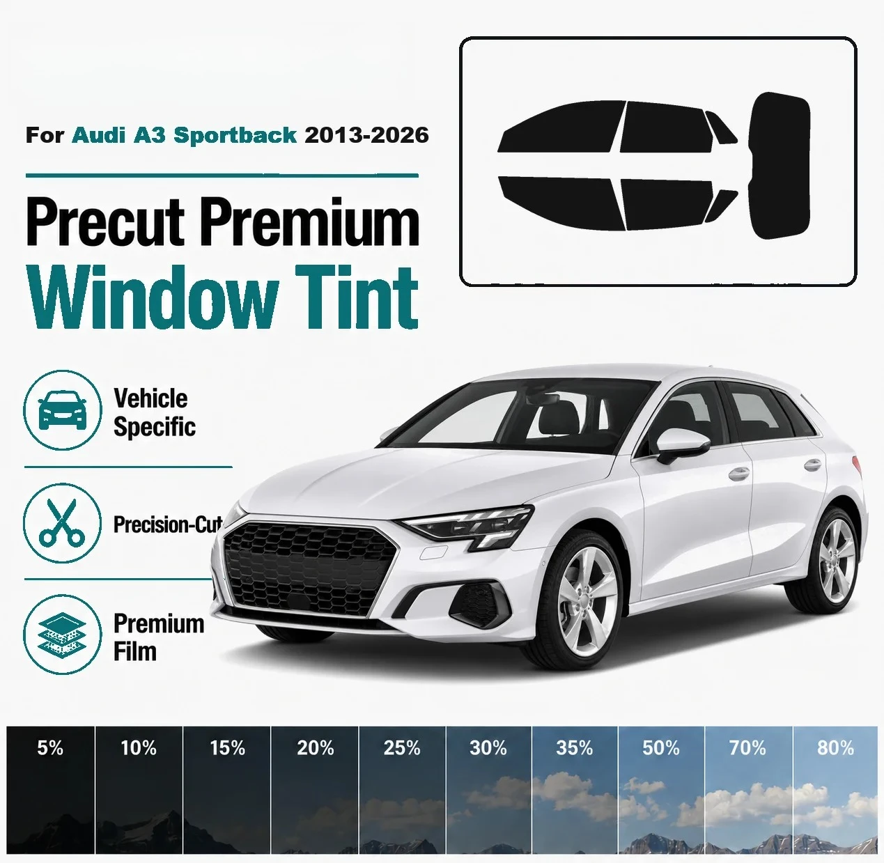 Premium Precut Window Tint Kit for Audi A3 Sportback 2013‑2026 Front Rear Windows UV Heat Rejection Anti‑Scratch Privacy Film