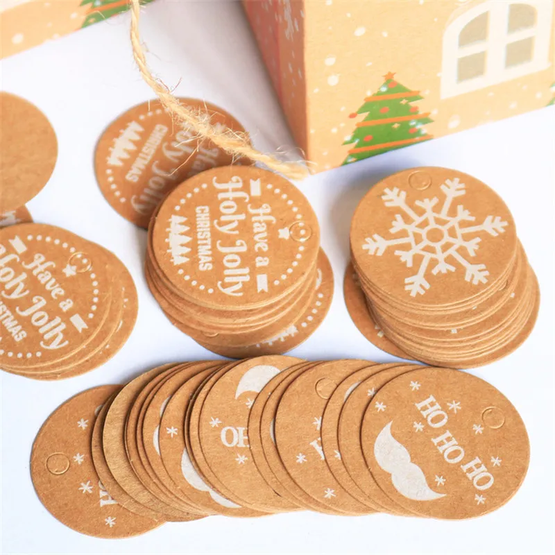 50pcs/lot Christmas Design Kraft Paper Tag Xmas Hang Tag Product Price Label Gift Box Wrapper Garment Tags Xmas Party Supplies