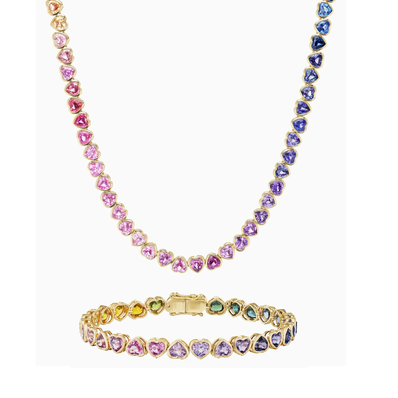 New Arrived Gradual Rainbow Colorful Jewelry Set Gold Color Bezel Heart Shaped CZ Tennis Chain Bracelet Necklace For Women