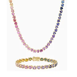 2026 New Arrived Gradual Rainbow Colorful Jewelry Set Gold Color Bezel Heart Shaped CZ Tennis Chain Bracelet Necklace For Women