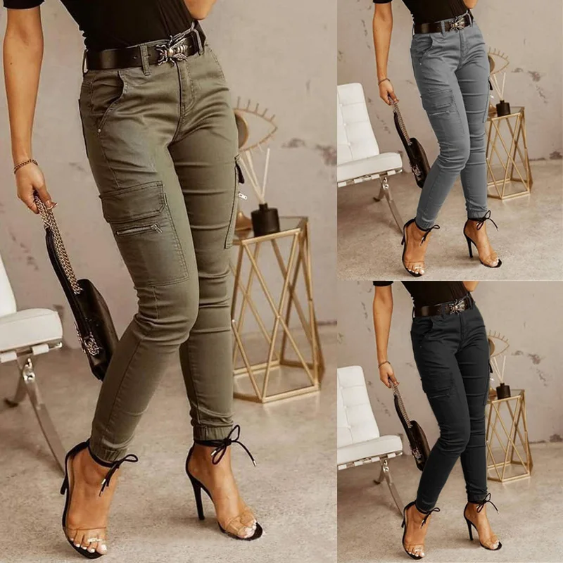 

Lowrise Buttoned Ankle Pocket Tights Street Style Asymmetric Cotton Blend Compression Pants Casual Pants for Women