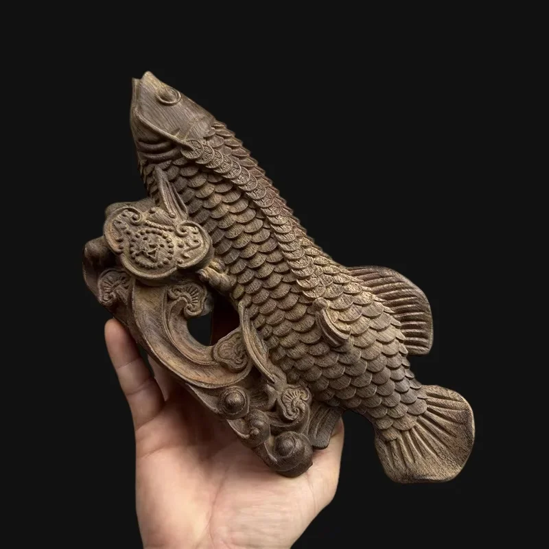 Handcrafted Vietnamese Agarwood Golden Dragon Fish Wooden Ornament Solid Wood Lucky Arowana Figurine for Living Room Office