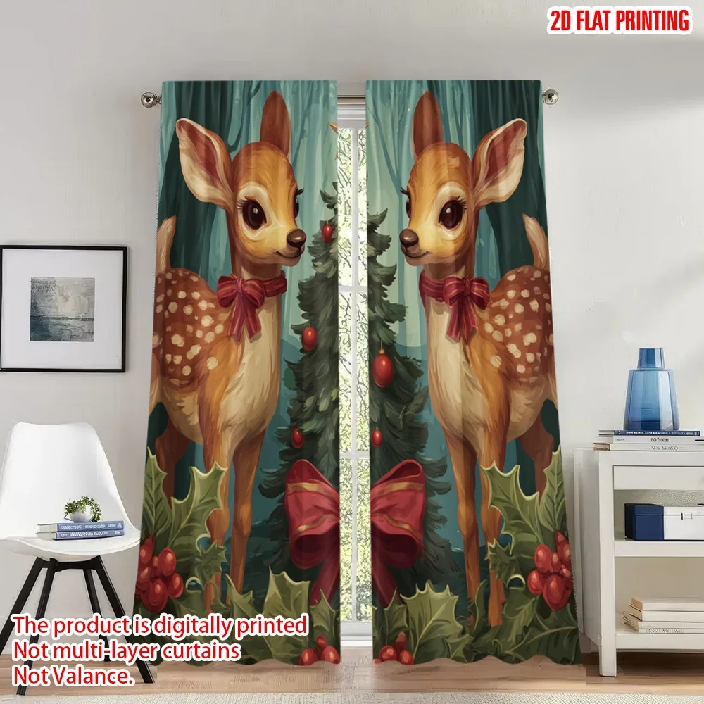 

2pcs 2D flat printing Happy Christmas Scene Curtains Christmas Reindeer Festive Holiday Digital Printed Polyester Drapes