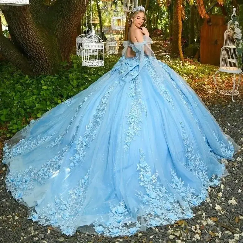 Sky Blue Shiny Princess Quinceanera Dresses Ball Gown Off The Shoulder Lace Applique Flower Beads Bow Tull Corset Sweet 16