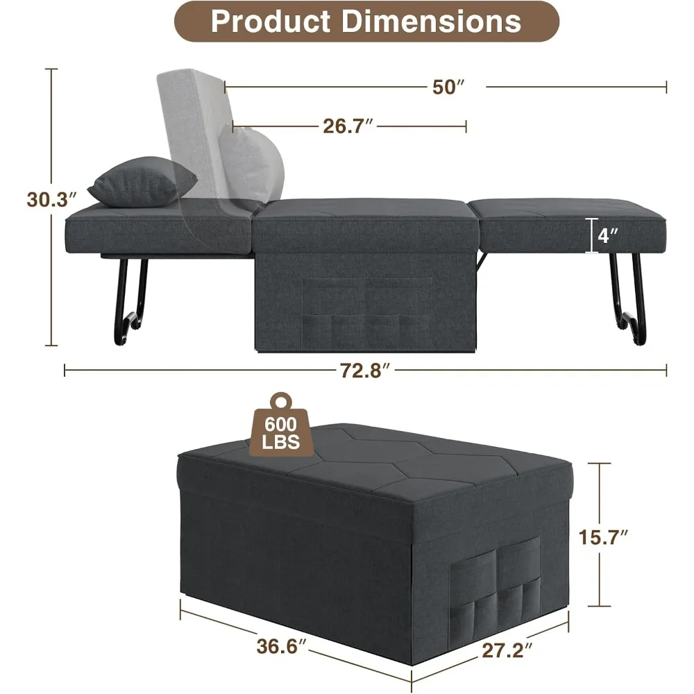 كرسي نوم 4 في 1، أريكة نوم قابلة للتحويل مع عثماني، سرير عثماني للبالغين، سرير أريكة مع مسند ظهر قابل للتعديل للعيش