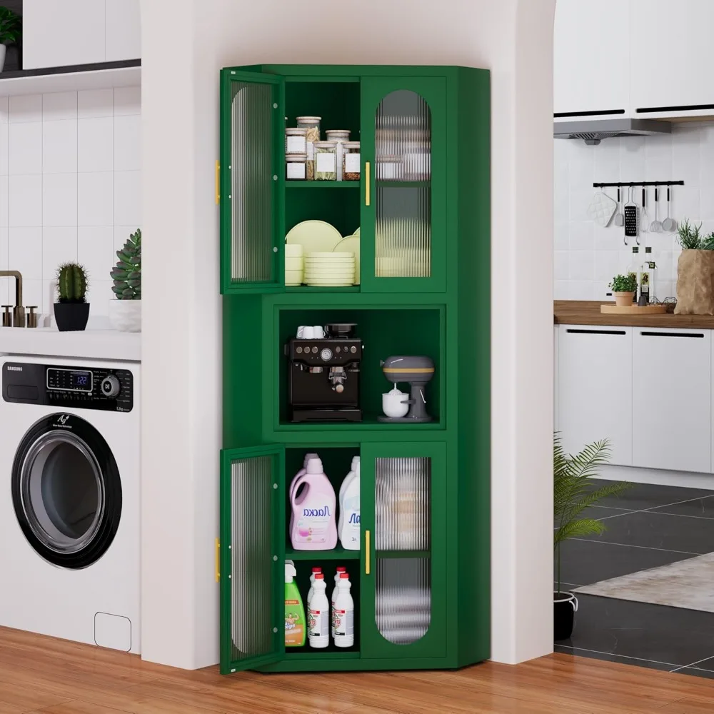 

63.6" Tall Corner Cabinet, Metal Pantry Storage Cabinet with 4 Acrylic Glass Doors & 1 Open Bar Shelf, Farmhouse Corner Cupboard
