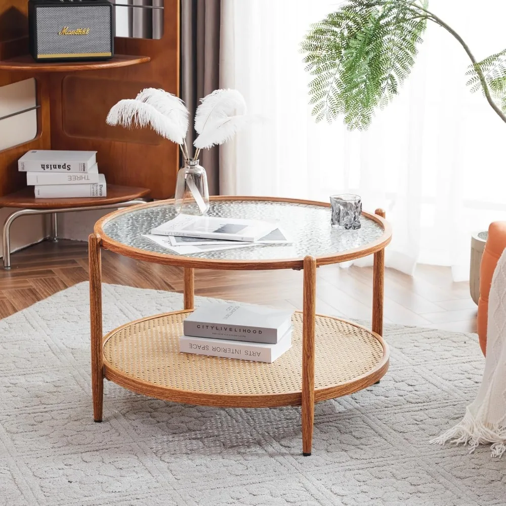 30" Rattan Coffee Table, Round Water-Wave Glass Metal Center Table, Modern Coffee Table with 2-Tier Storage, Farmhouse Circular