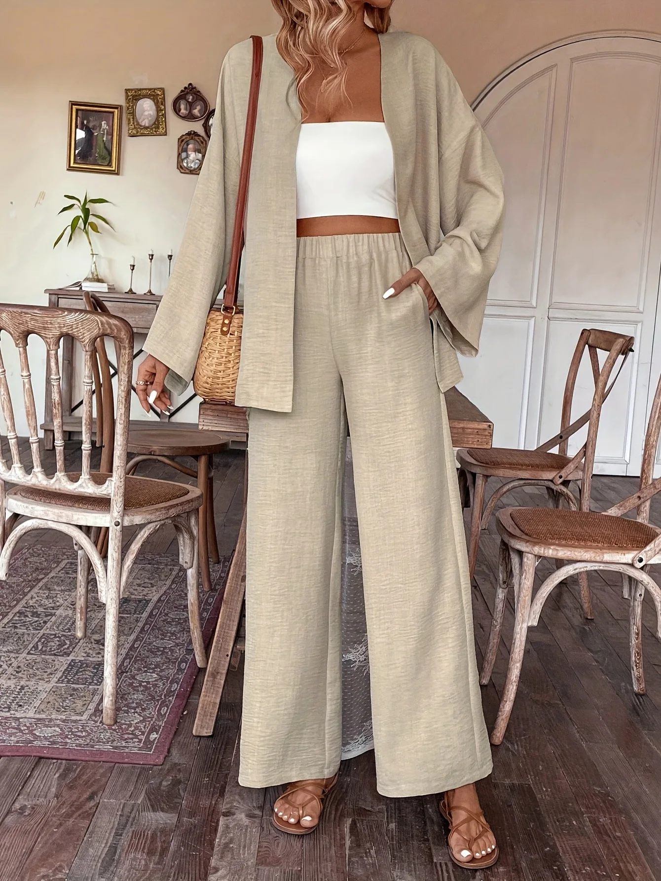 New Loungewear Women 2 Piece Casual Outfits Solid Cardigan Long Sleeve Shirt Loose High Waist Wide Leg Pants Set Sexy Sleepwear