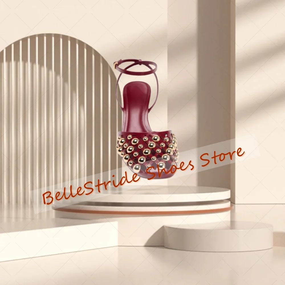 

Red Hollow Out Round Rivets Sandals Buckle Strap Women Shoes Stilettos High Heels Party Banquet Dating 2025 Zapatos Para Mujere