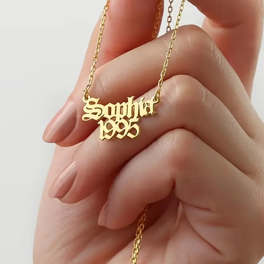 

Customized double-layer name and year necklace, elegant 18K gold-plated stainless steel personalized pendant, fashionable jewelr