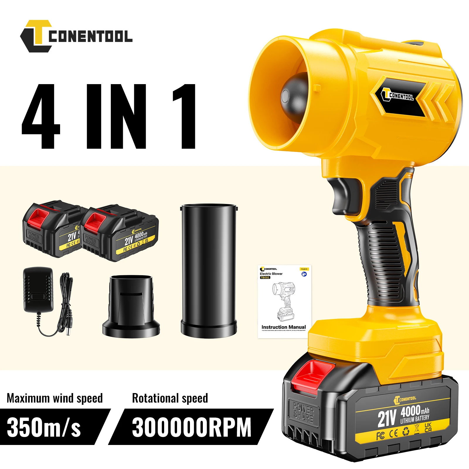 Image of CONENTOOL 21V Akku-Laubbläser 300000RPM Elektrischer Jet-Bläser mit 2x4000mAh Akkus für Garten, Hof, Laub, Schnee, Auto, Staub
