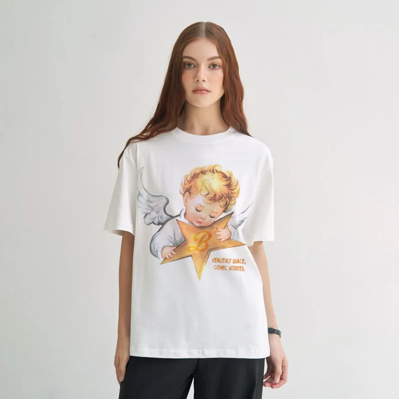 Women T-Shirt Oversized 100% Cotton Printing Angel Graphic Y2k Streetwear Tops Vintage Summer Short Sleeve Tees Korean Clothes