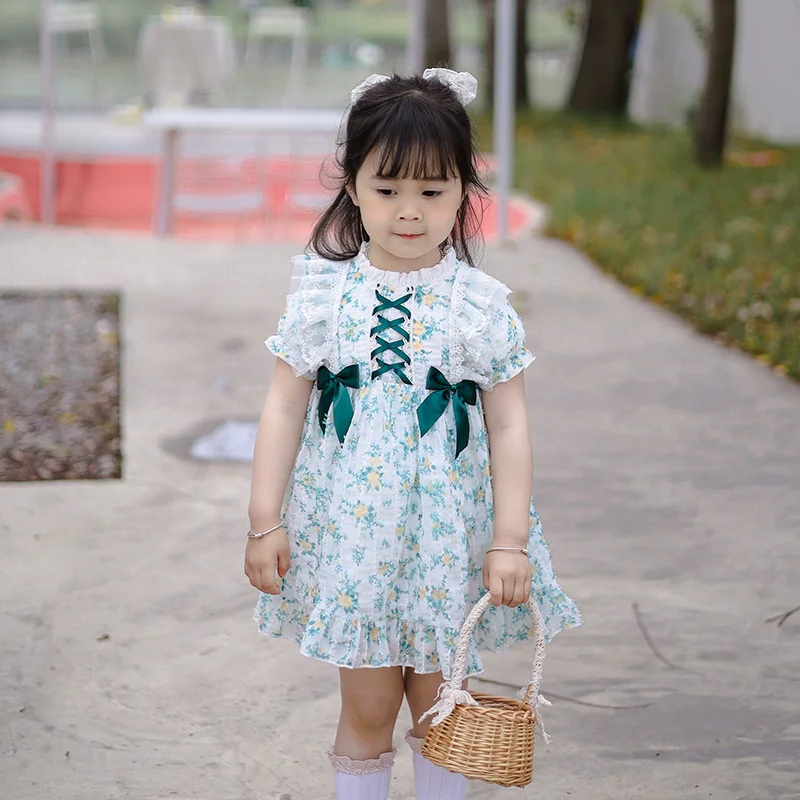 2022 Summer New Children's Wear Simple Girls Short Sleeve Floral Dress Children's Spanish Skirt