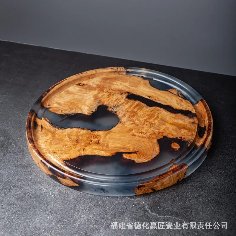 Large Epoxy Resin River Tea Tray with Cedar and Walnut Wood, Dry-Wet Dual Use Tea Board in Round or Square Shape