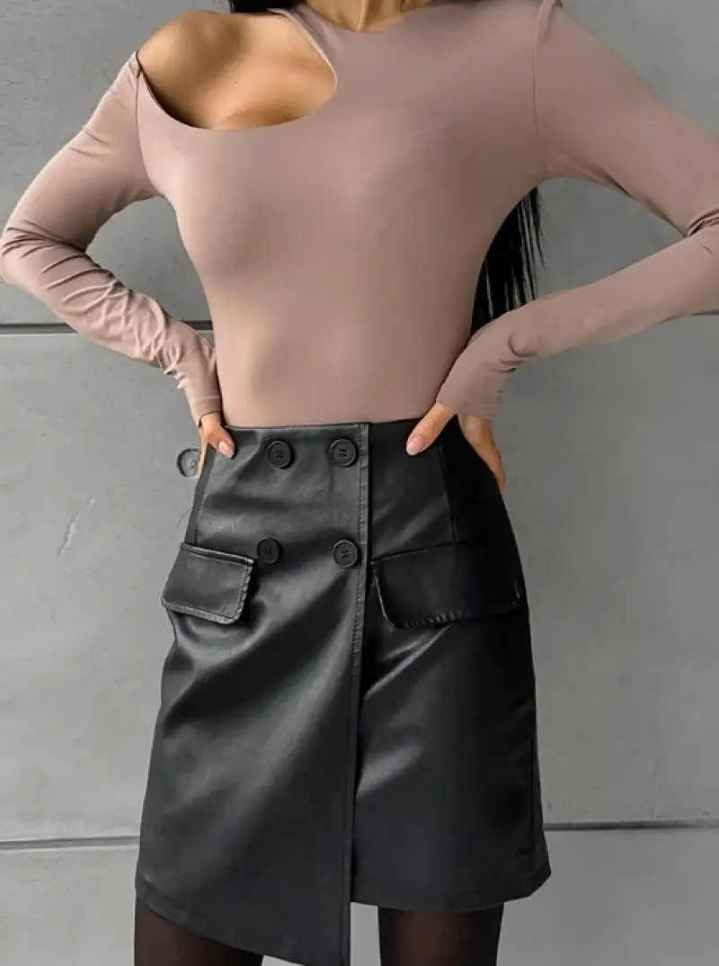 Ladies' Midi Skirt Sexy Slim Fit Pu Leather High Waisted A-Line Skirt Temperament Commuting Cool Women's Irregular Mini Skirt