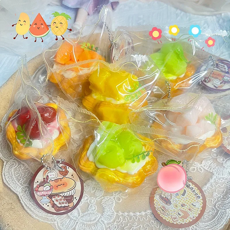Redbook Hot Selling Fake Fruit Tart Stress Relief Cream Mud Squishy Toy Bag Charm Series Silicone Squeeze