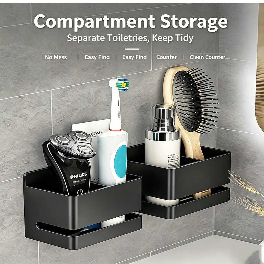1pc Wall-Mounted Bathroom Organizer - Storage Box with Multiple Compartments for Toothbrushes, Razors & More