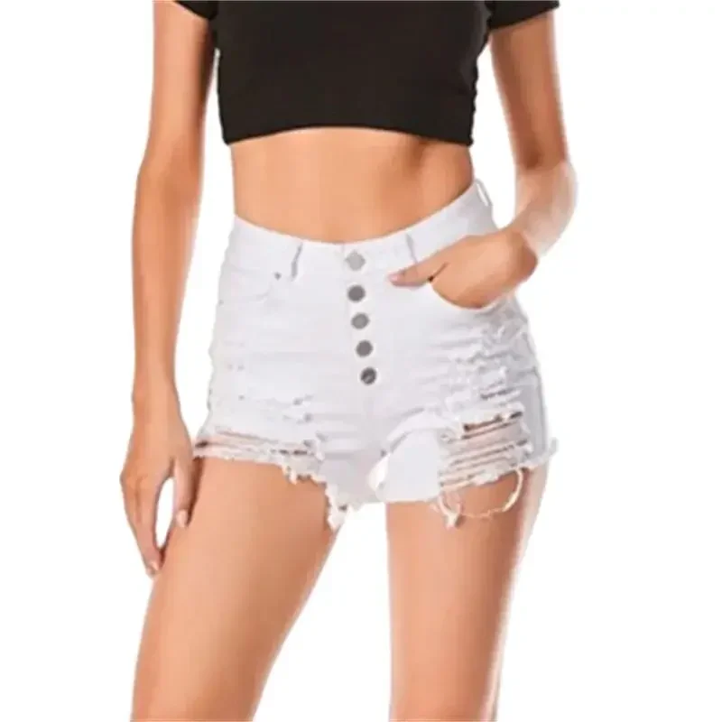 

Solid Color Broken Holes Denim Shorts Women Tassel Trouser Legs Mini Jeans High Waist Multi Button Patchwork Three Quarter Pants