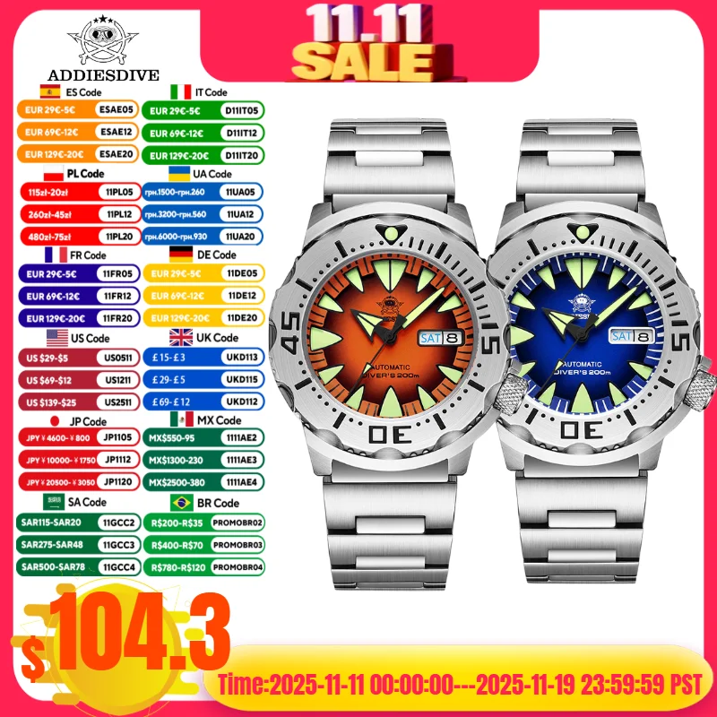 

ADDIESDIVE Watch For Men BGW9 Luminous Sapphire Surf Blue Dial Reloj 316L Stainless Steel Diver NH35 Automatic Mechanical Watch