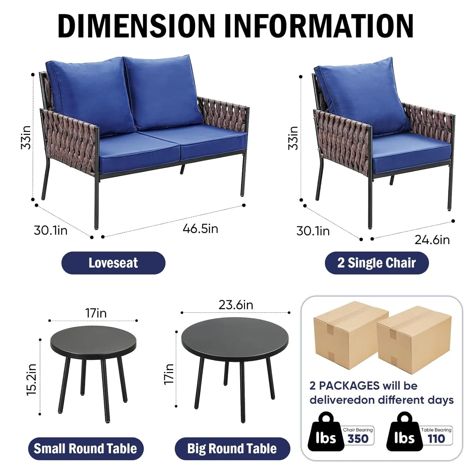 5 Pieces Patio Furniture Set, Patio Conversation Set with Armchairs, Wide Jumbo Rope Wicker Deep Seating with 2 Round Side Table