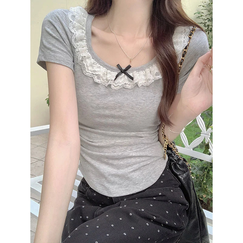 Bow O Neck Grey Tshirts For Women Cute Tops Slim Solid T Shirt Short Sleeve Y2k Tee Shirt Femme 2026 Summer Womens Clothing