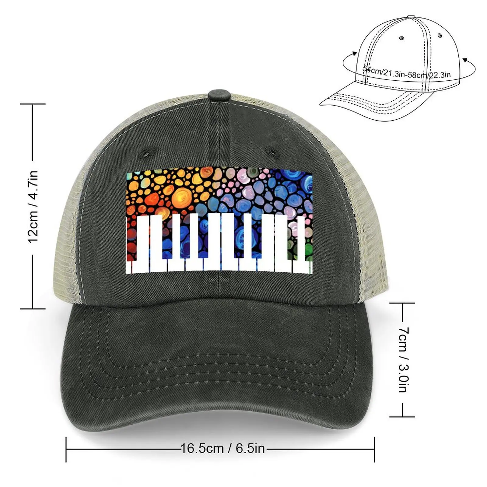 Mosaic Music Colorful Piano Art by Sharon Cummings Cowboy Hat Fishing cap black Hats Man Women's