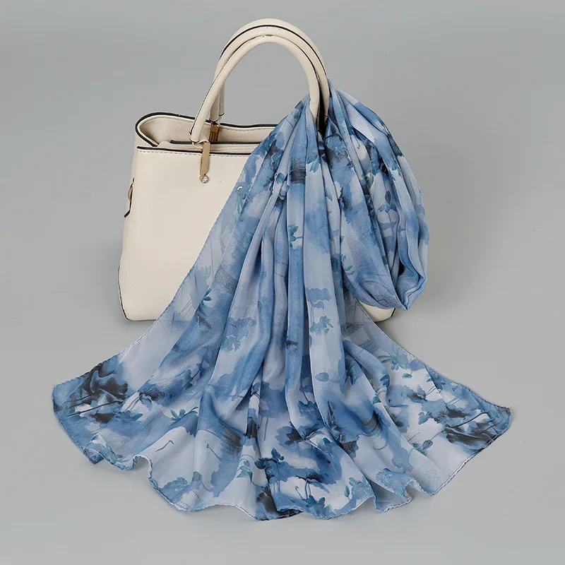 Spring Summer Thin Ink Lotus Chinese Style Scarf for Women, New Cross Border Chiffon Silk Scarf Print Shawl Export