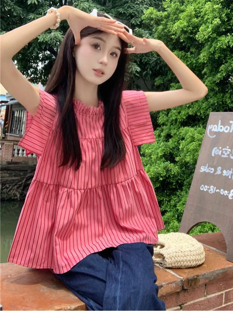 Ruffled Blouses Women Striped Creativity Folds Simple All-match Daily Korean Style Students Leisure Lovely Stylish Tender New