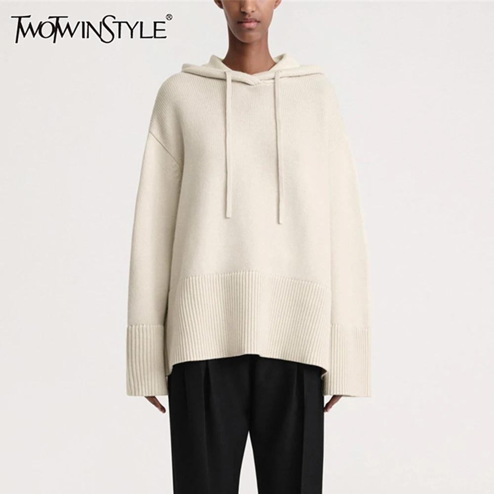 TWOTWINSTYLE Minimalist Casual Sweaters For Women Hooded Long Sleeve Patchwork Drawstring Chic Sweatershirt Female Fashion Style